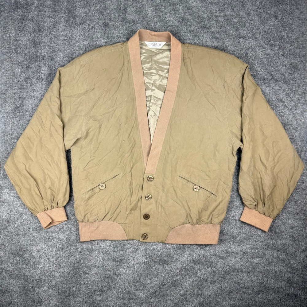 VTG 80's Genelli Mens 100% Pure Silk Bomber Cardigan Jacket Tan Khaki V-Neck LG